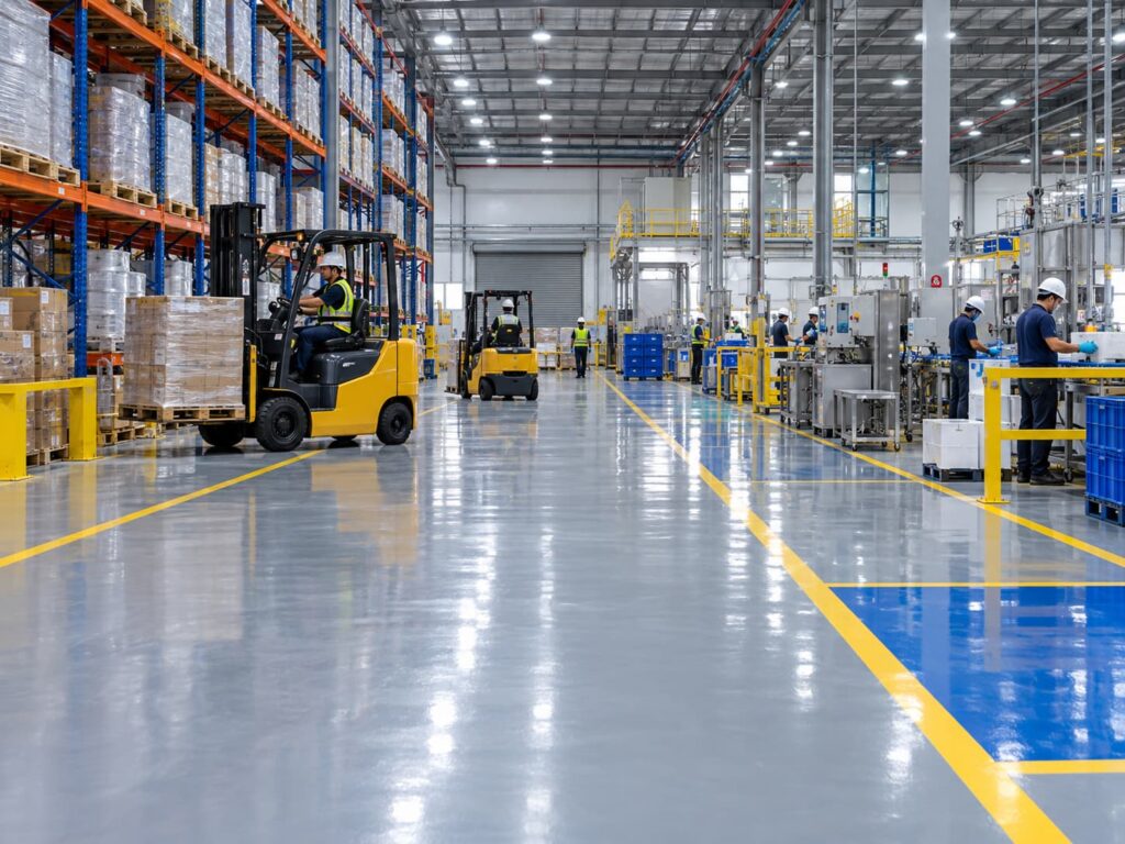 Professionally installed epoxy resin floor in a clean Philippine industrial facility